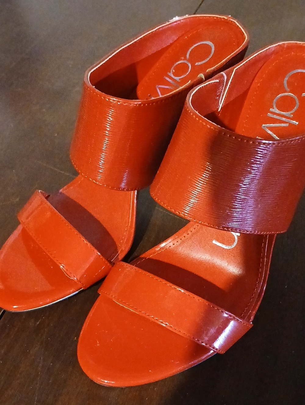 Calvin Klein Red Patent Two-Strap Slide Mules